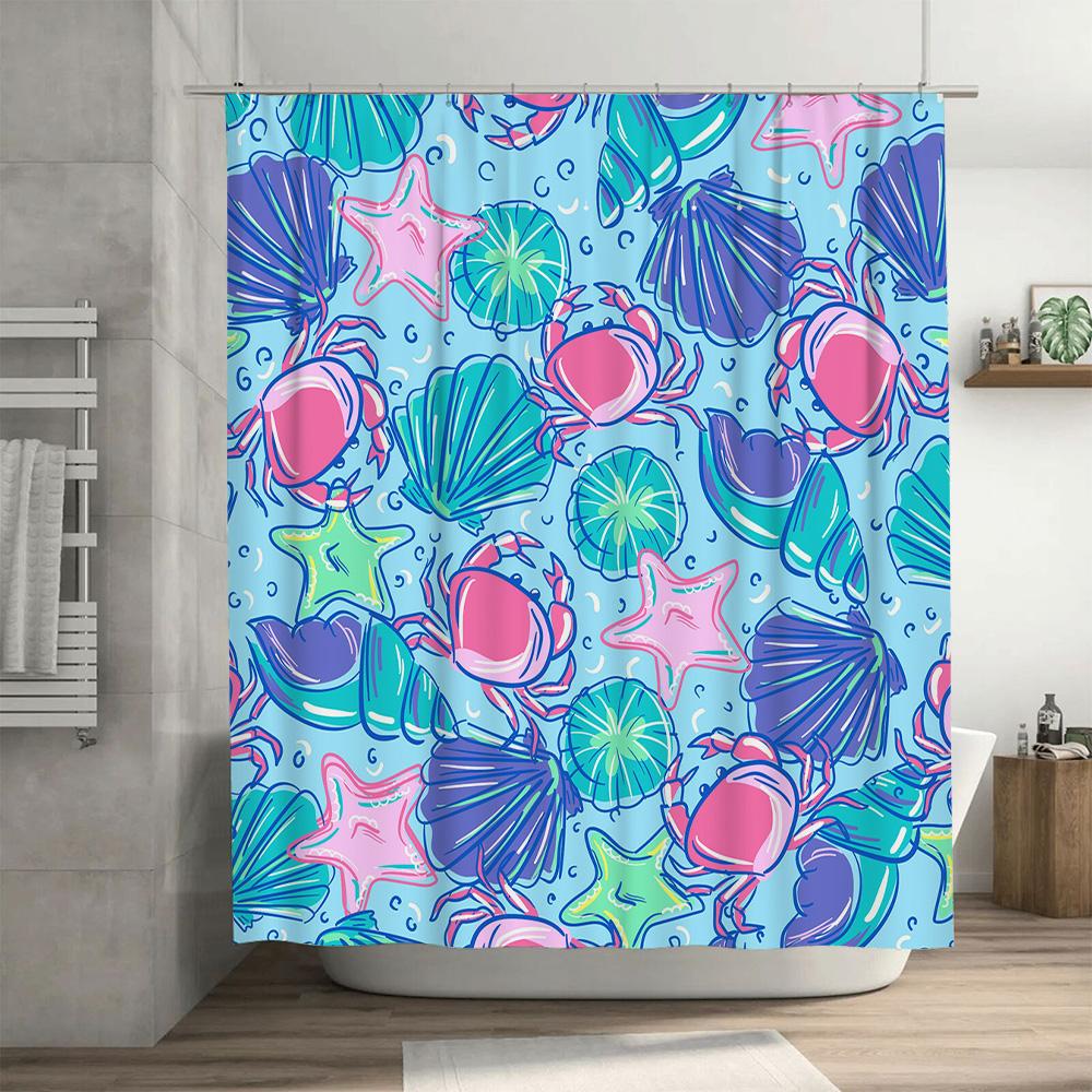 Vibrant Underwater World Shower Curtain Set Sea Shell Crab Starfish Design For Bathroom Decor