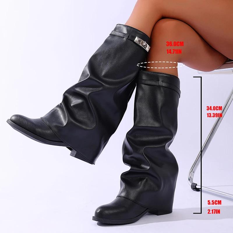 Fashion Brand Design Black Pu Leather Knee High Boots Women Slip On Height Increase Long Boots Woman Fashion Plus Size 42 Wide Leg Botas