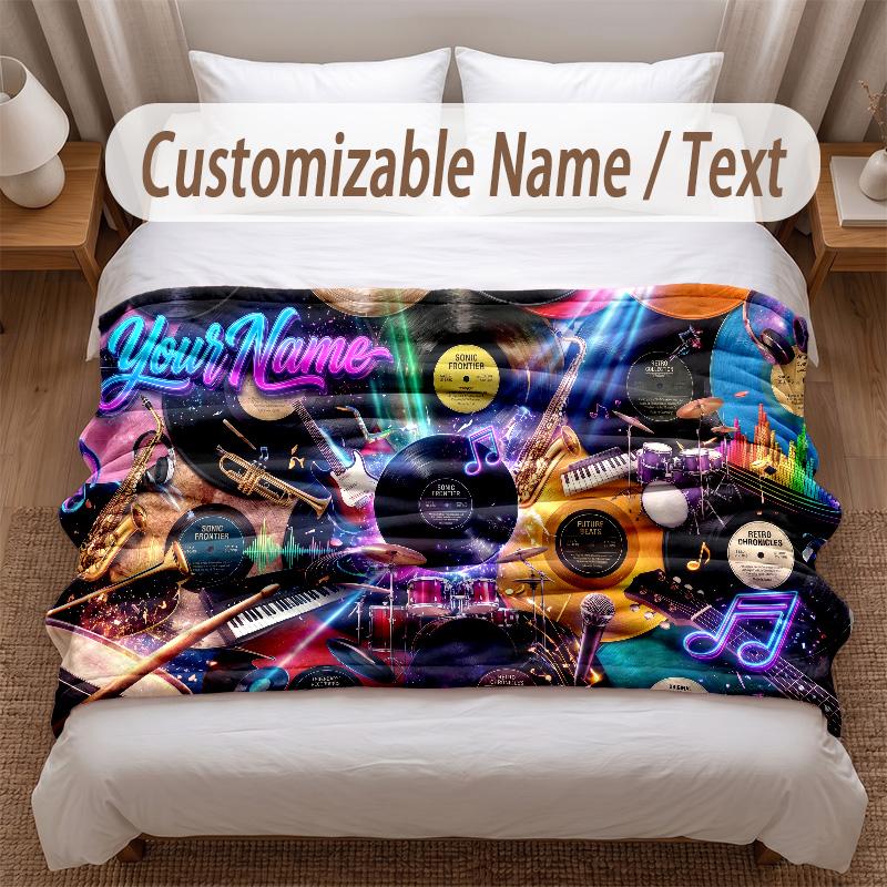 Music General Theme Soft Blanket Personalized Custom Name Text Print Warm Blanket Home Sofa Bedroom Decor