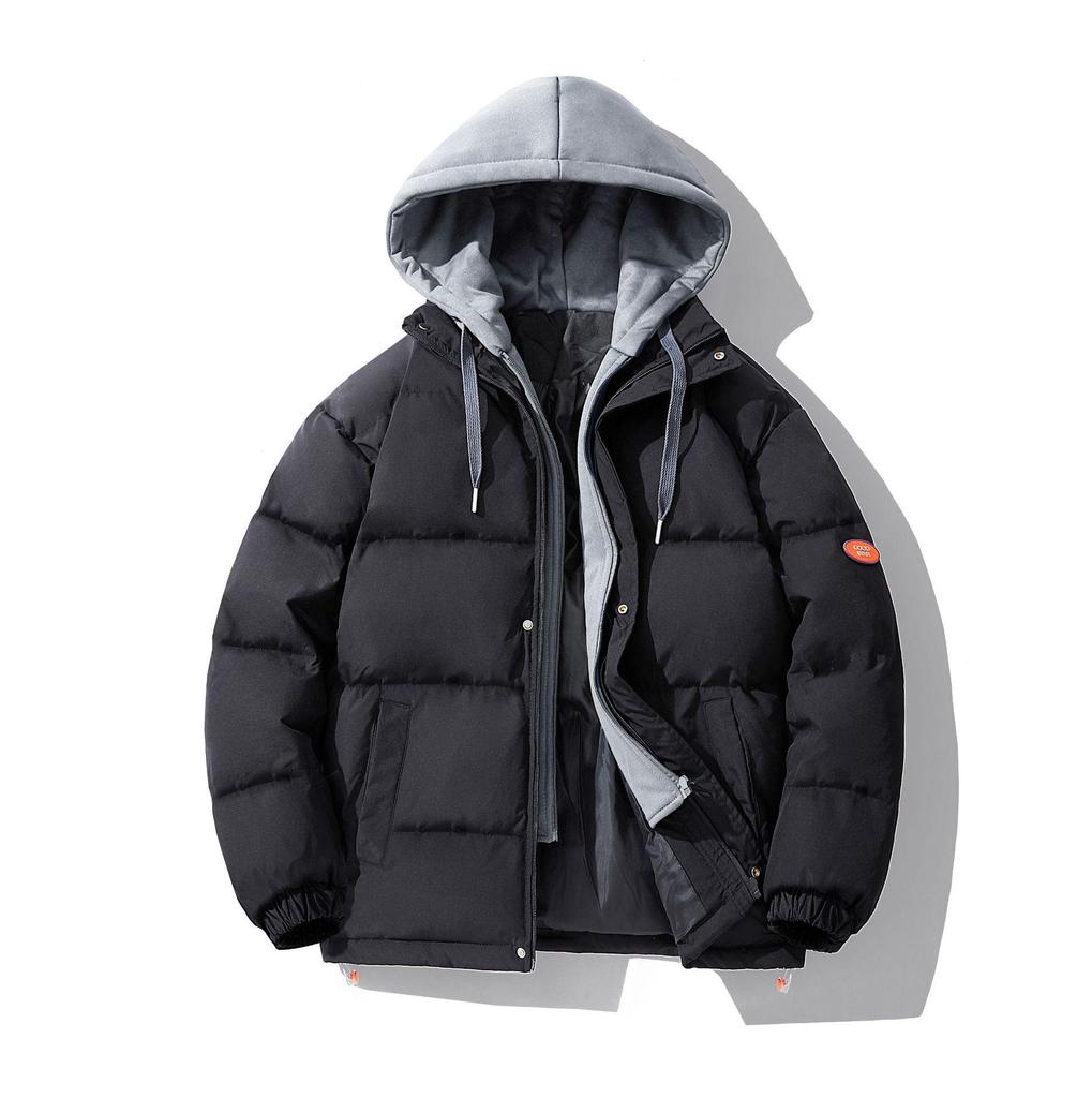 Men's Trendy Winter Cotton Jacket: Loose Fit, Hooded, Fake Two-Piece Design, Thickened for Warmth