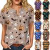 Womens Halloween Print V Neck Button Detail Short Sleeve Top Casual Loose Fit Three Quarter Sleeve T Shirt