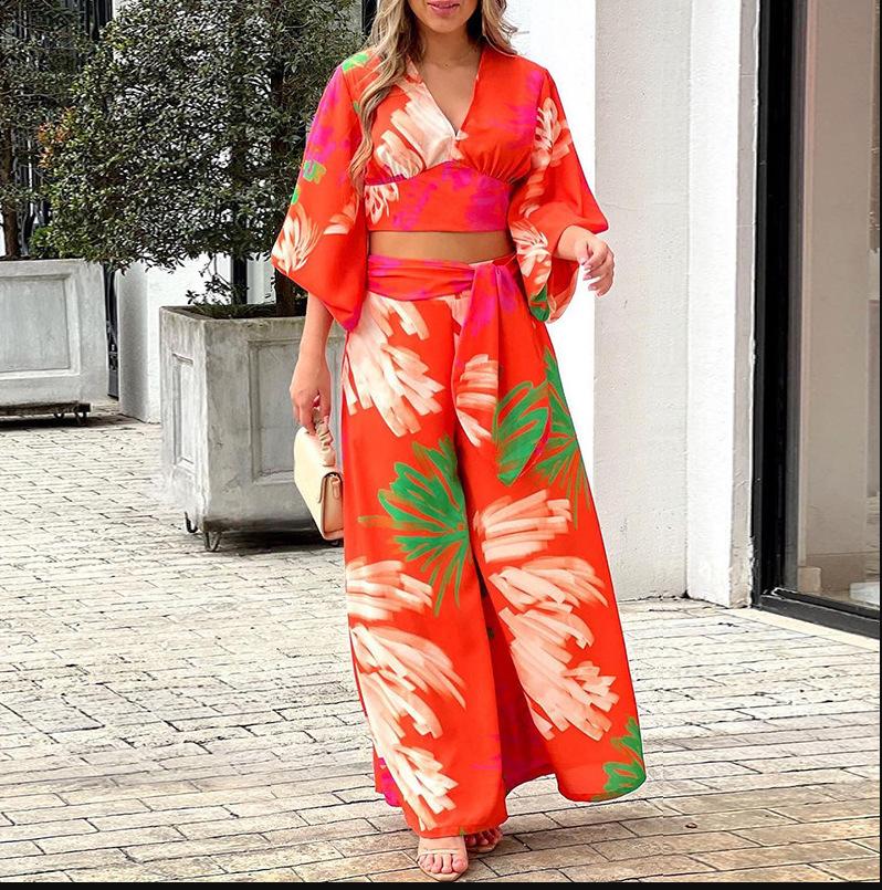 European and American women's clothing, new spring models, fashionable flower printing slim-fitting wide-leg trousers set