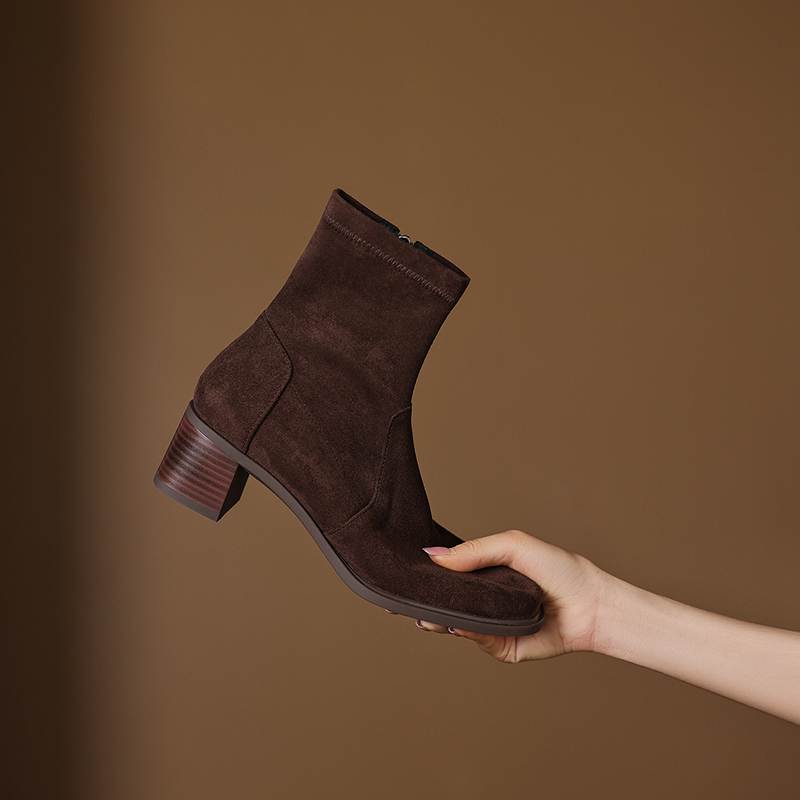 Krazing Pot Flock Round Toe Thick Heels Chelsea Boots Size 42 Zip Women Concise Style Elastic Ankle Boots