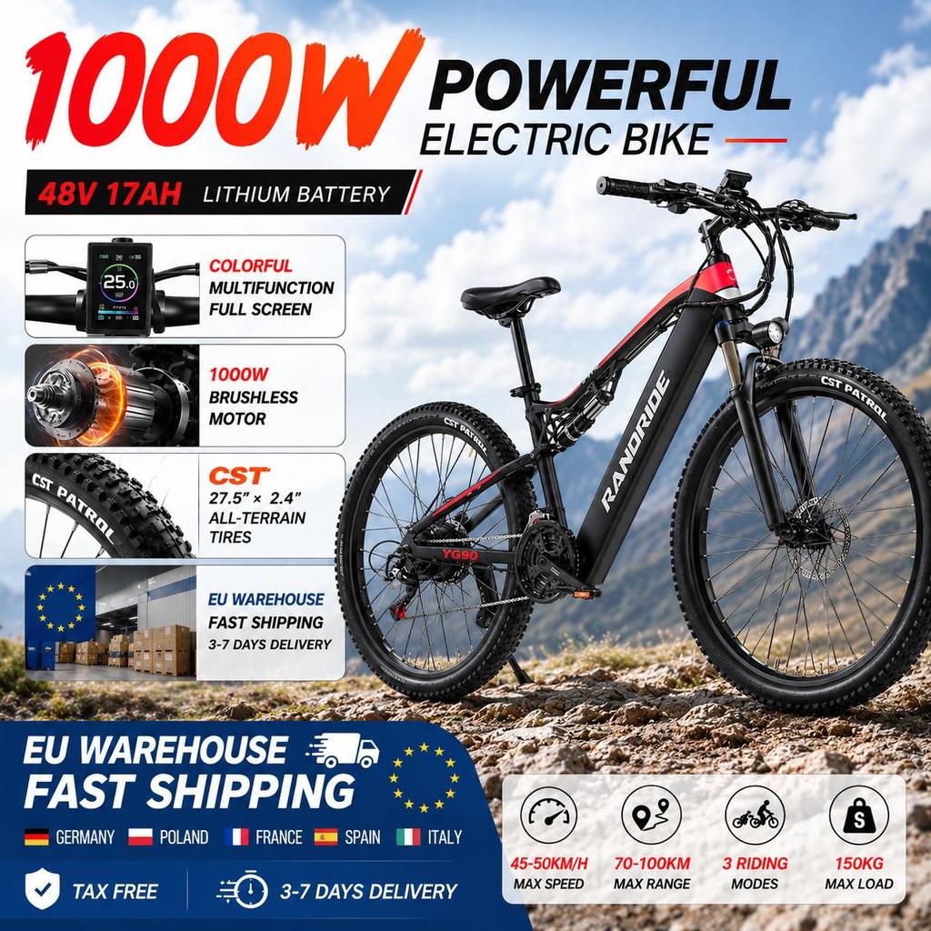 2026 New YG90 Fully Suspended Electric Bicycle, 1000W, 48V, 17Ah, 21 Speed, Adult Mountain Electric Bicycle