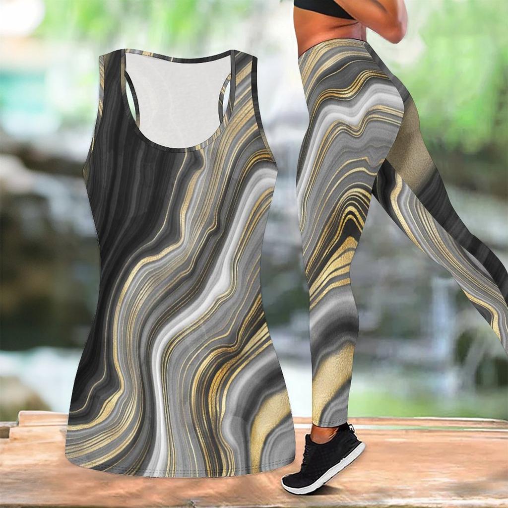 Marble Veining Printed Yoga Outfit for Women Fashion Workout Leggings Fitness Sports Casual Yoga Set Sports Suit