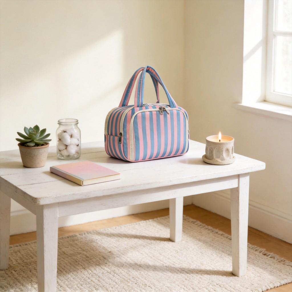 Polyester Striped Makeup Bag With Design For Daily Use And Travel Storage