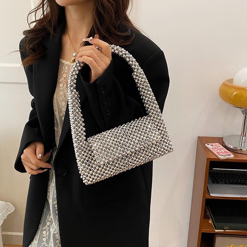 Handcrafted Beaded Woven Clutch Bag Women Elegant Evening Crossbody Purse Acrylic Chain Stitched Mini Shoulder