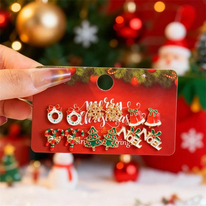 12 Pcs Santa Claus Christmas Tree Bell Earrings New Year Jewelry Cute Christmas Gingerbread Snowflake Earrings Set for Women