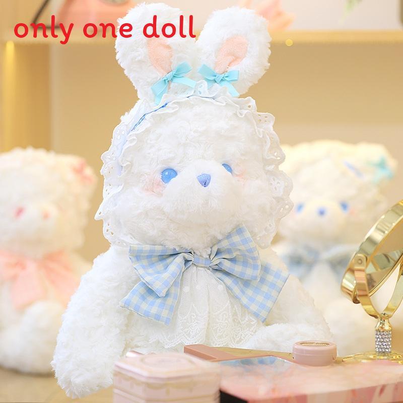 Plush Rabbit Bear Doll With Lace And Checkered Bow Decor For Girls Kids Birthday Gift And Sleep Support