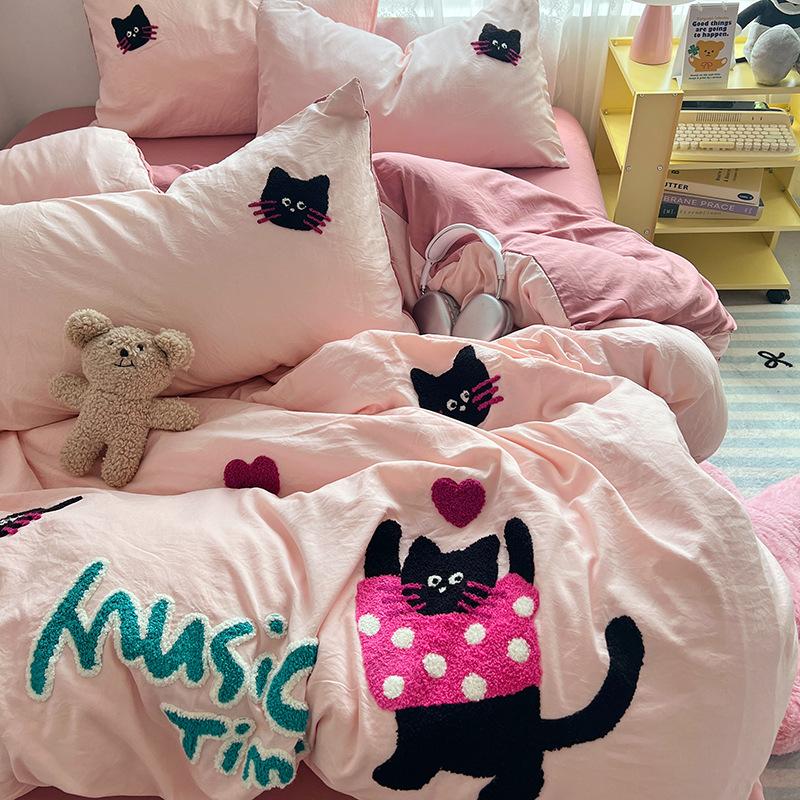 Håndkle Brodert Laken Dynetrekk Seng 4 stk Sett Vasket Bomull Student Tredelt Sett Sengetøy