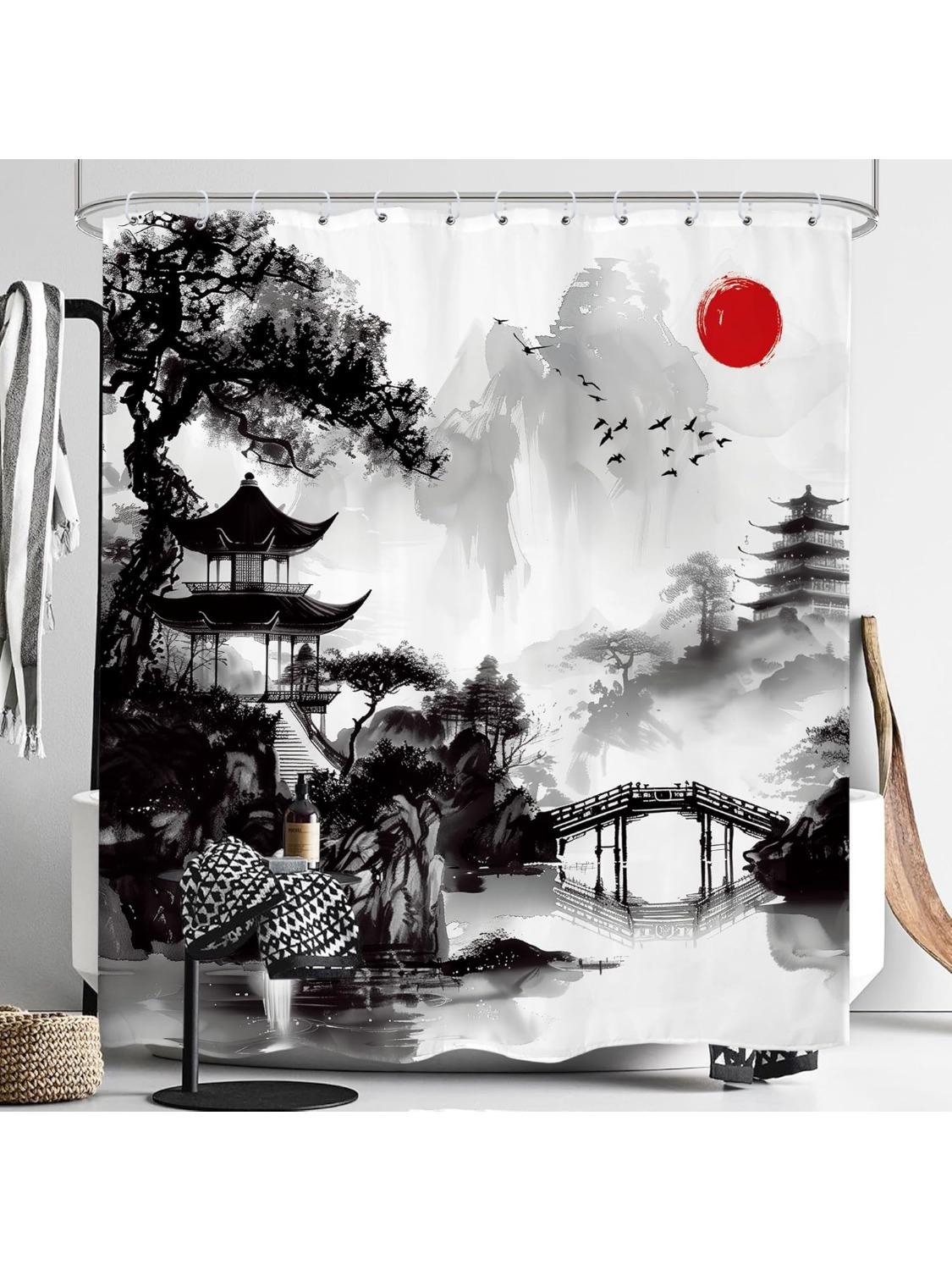

Japanese Asian Shower Curtain Watercolor Black Red Chinese Mountain Sun Tree Anime Scenery Ink Painting Cloth Fabric Waterproo W60H190(CM)-1 Pcs