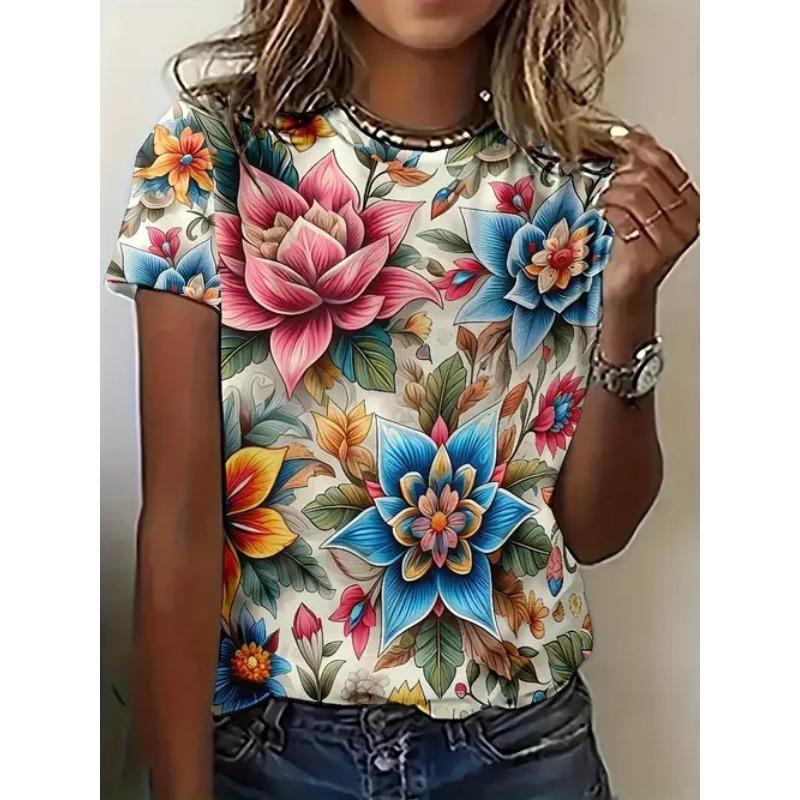 Women's Summer Casual Versatile Design 3D Printed Round Neck Short Sleeved T-shirt