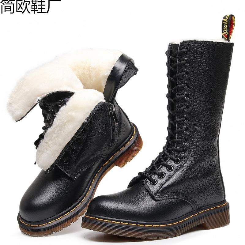 Real wool lychee pattern locomotive boots women's hole British top short boots men's and women's leather boots round head