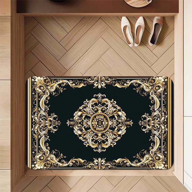 VIKAMA Baroque-Style Decorative Flannel Doormat Entrance Hall & Bathroom Mat Machine Washable Home Decor Rug