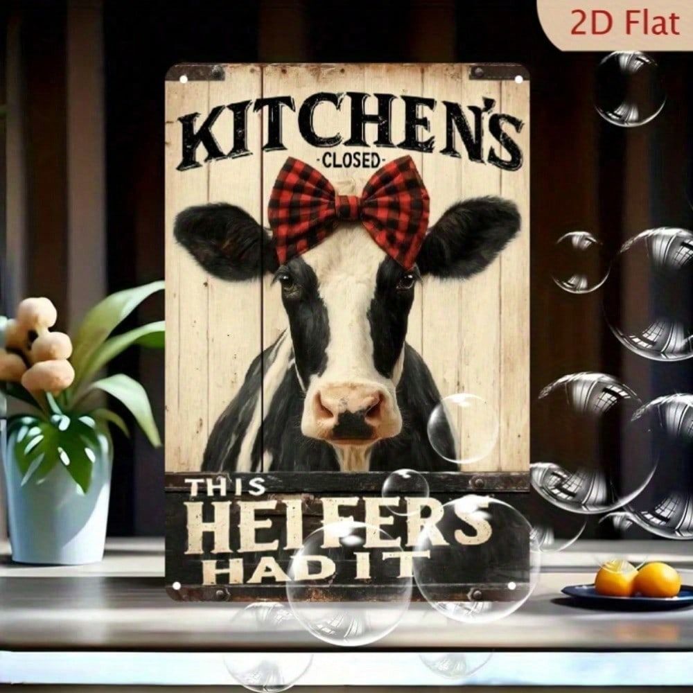 

Funny Farmhouse Cow Red Plaid Bow Kitchen Closed Sign Metal Wall Poster