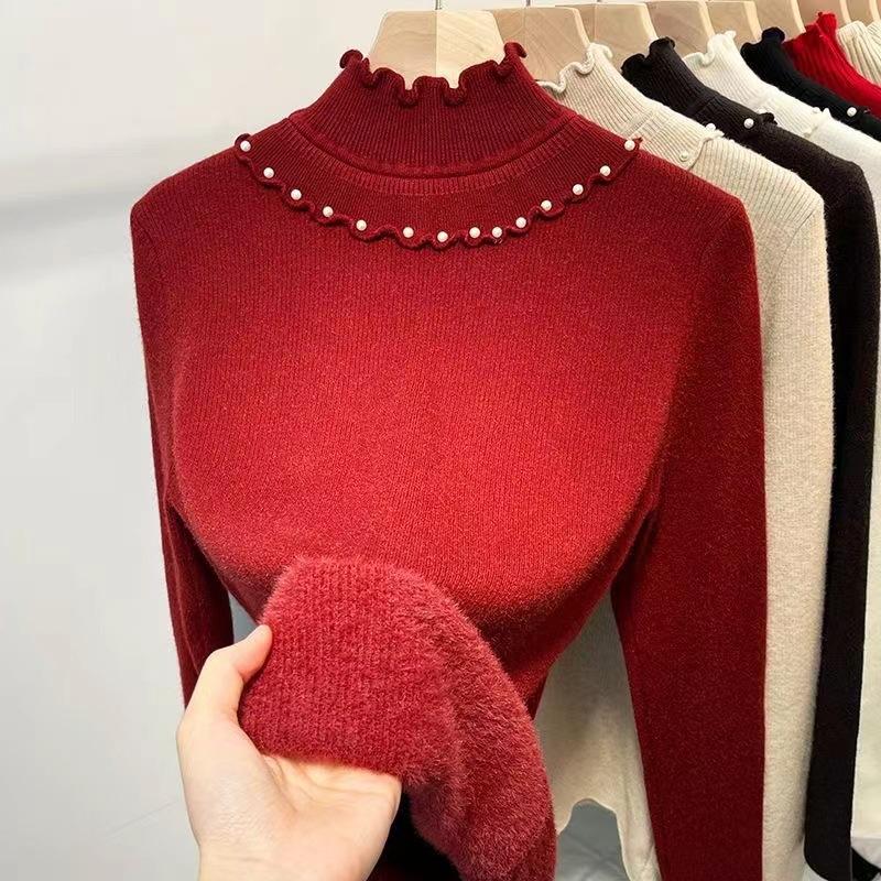 Half High Neck Sweater with Ruffle Edge Women's Solid Color One-piece Velvet Thick Knit Sweater Casual Loose Warm Pullover Autumn and Winter