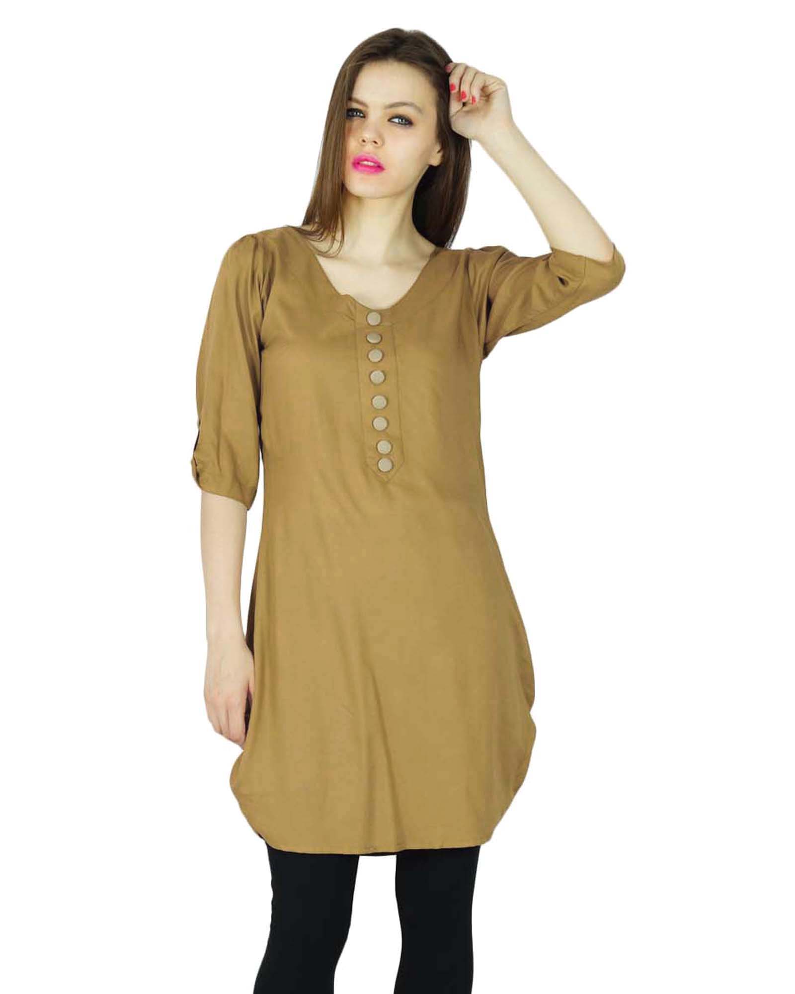 

Phagun Designer Indian Kurta Casual Women Brown Solid Kurti Rayon Top Tunic 8 коричневий