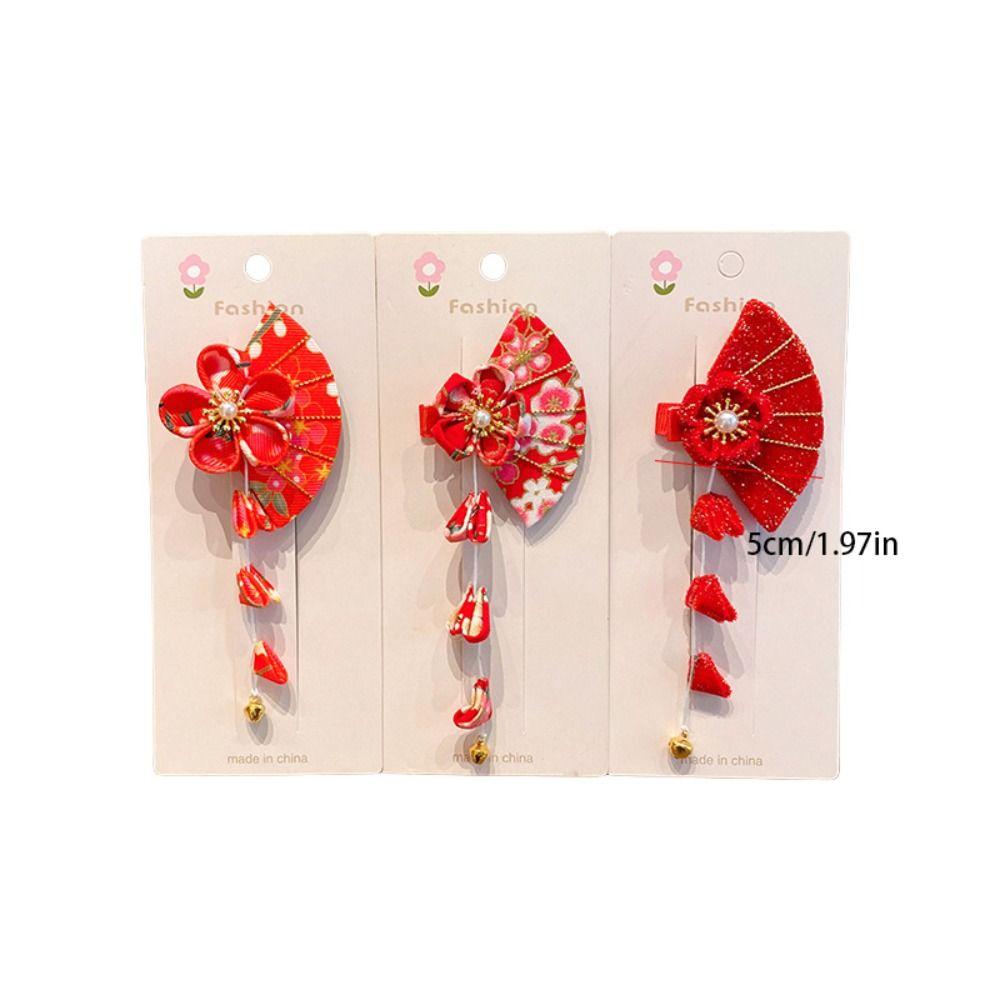 Tassel Children Red Sakura Hairpin Cloth Hanfu Fan Hair Clip Chinese New Year Headwear  Children