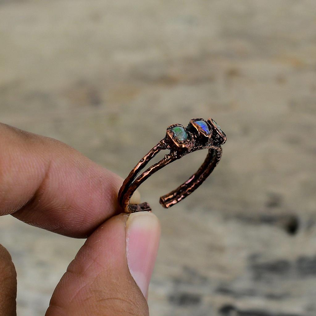 Ethiopian Opal Ring Electroformed Copper Ring Adjustable Ring Gemstone Copper Jewelry Handmade Designer Ring Electroformed Jewelry For Gifts