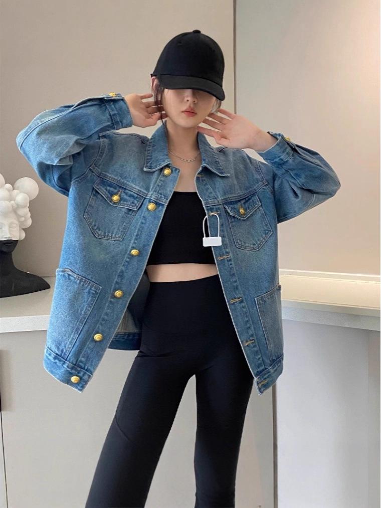 Hong Kong Style Retro Washed Women's Denim Jacket - 2025 Spring/Autumn Loose Casual Fashion Top