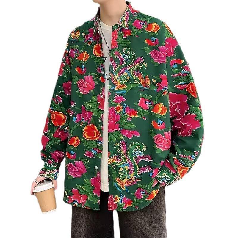 Northeast Big Flower Shirt Spring And Autumn Long-Sleeved Peony Flower Shirt Festive Clothes Funny Trend Retro Ethnic Style Coat