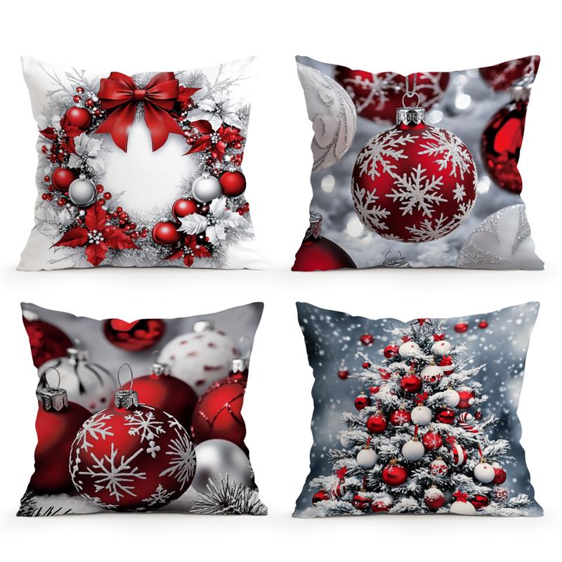 Home Decor Christmas Red & White Ornamental Pillow Covers Pattern Cushion Cover Suitable For Sofa Bedroom Car Pillow Cover