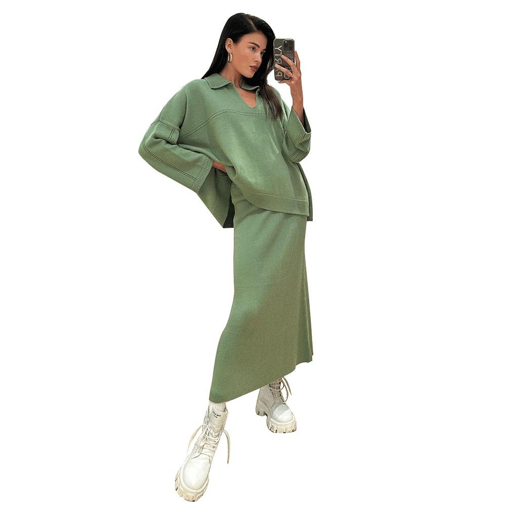 Women's 2 Piece Outfits Sweater Skirt Sets Casual Long Sleeve V Neck Ribbed Knit Tops Midi Dress Fall Winter Knit Pullover Top Bodycon Skirt for Women