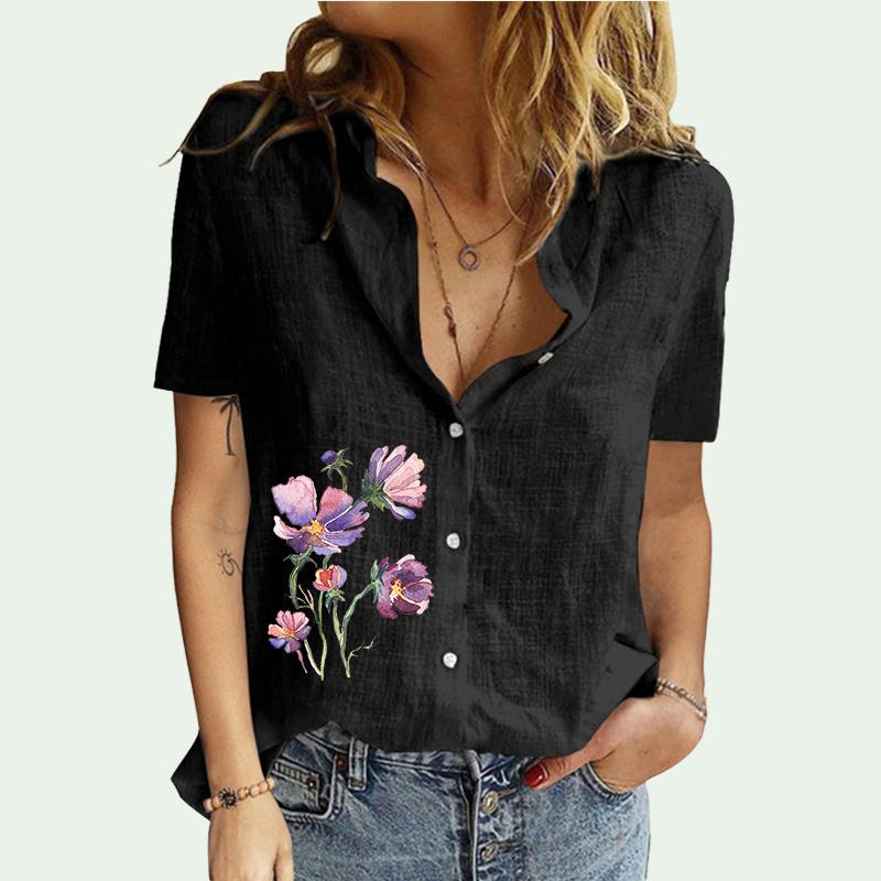 Damenmode Reverskragen T-Shirt Sommer&Herbst Casual Print Kurzarm T-Shirt Top Weibliche Print Bluse Baumwolle Leinen Cardigan T-Shirt