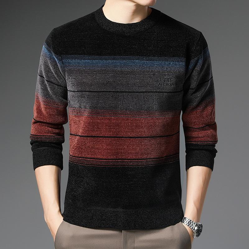New Spring and Autumn Chenille Striped Long-sleeved Sweaters for Young and Middle-aged Men, Slim and Handsome Bottoming Shirts