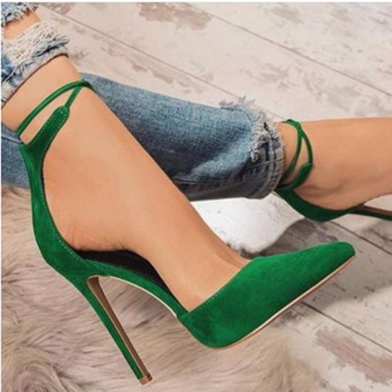 Elegant Women Fashion Suede High Heeled Sandals With Pointed Toe And Bandage Design