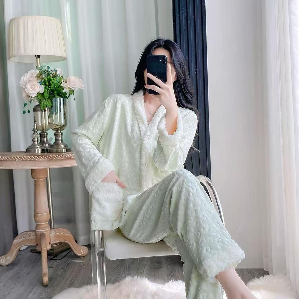 Women's Island Fleece Pajamas - High-End Minimalist Long Sleeve & Pants Thick Warm Set for Autumn/Winter