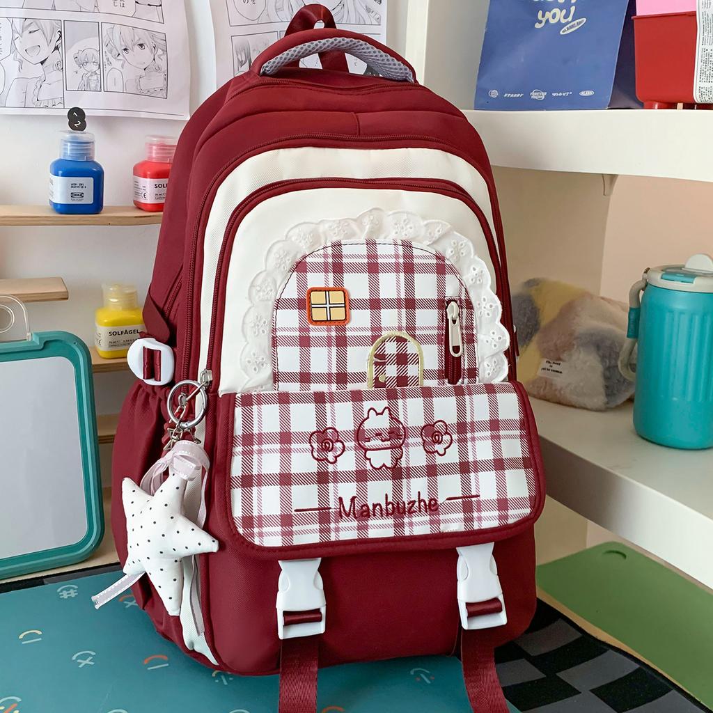 Schoolbag Korean version of Mori primary school schoolbag female high-value plaid contrasting colors college style high-quality backpack for middle