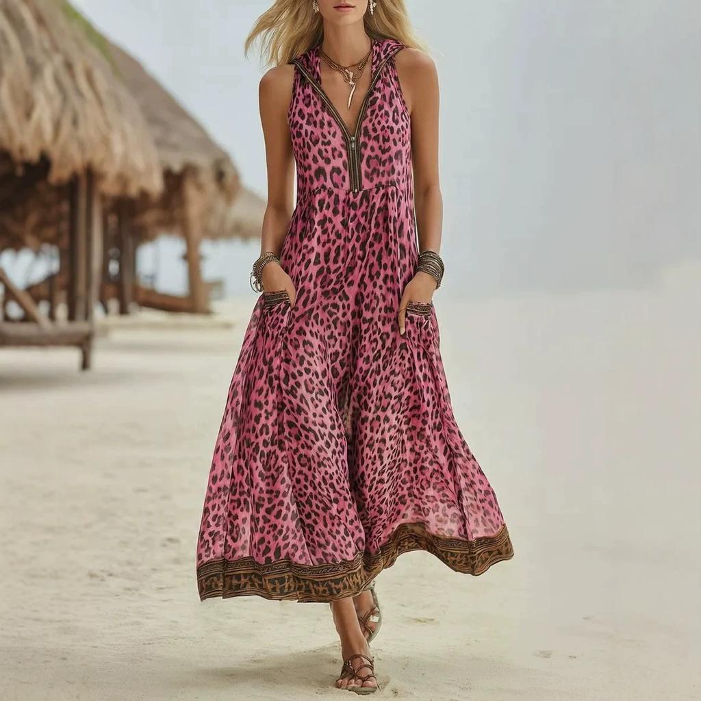 2026 European and American Elegant Leopard Print Sleeveless Vest Zipper Deep V-neck Dress, Hooded Temperament Women's Summer