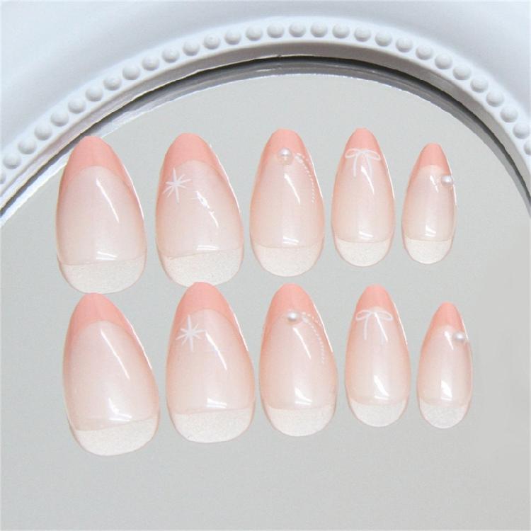 Cute French Tips Designs Acrylic Stick On Nail with Bowknot Patterns for Women Christmas Press On Nail 24 Pieces Set