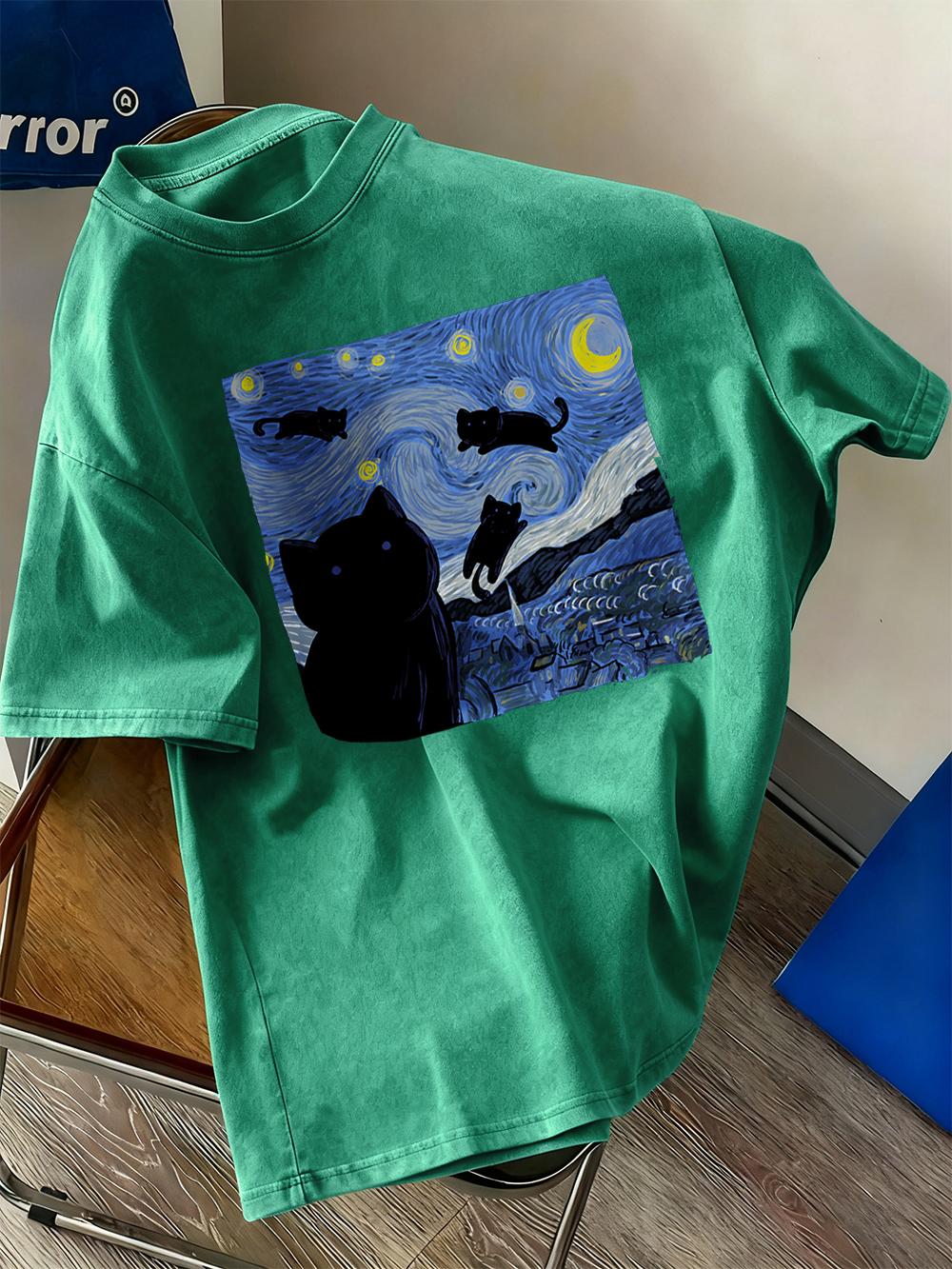 

The Starry Cat Night Cotton Washed TShirts Womens Oversize T Shirt Casual Comfortable Short Sleeve Tops Summer ONeck Clothes 4XL
