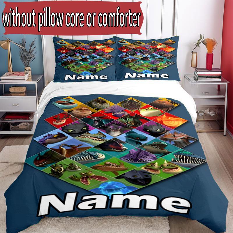 3pcs Duvet Cover Set (1*Duvet Cover + 2*Pillowcase, Without Core), Custom Name How to Train Your Dragon Pattern Bedding Set, Home Bedroom Decor Gift
