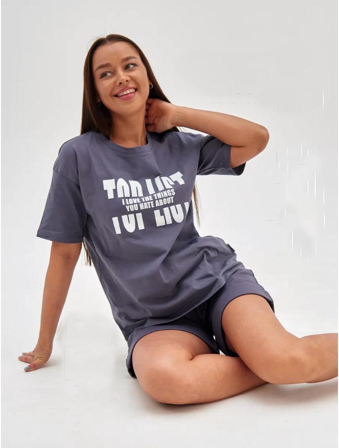 European-American Summer Casual Home Shorts Set - Letter Print Pullover & Short Sleeves