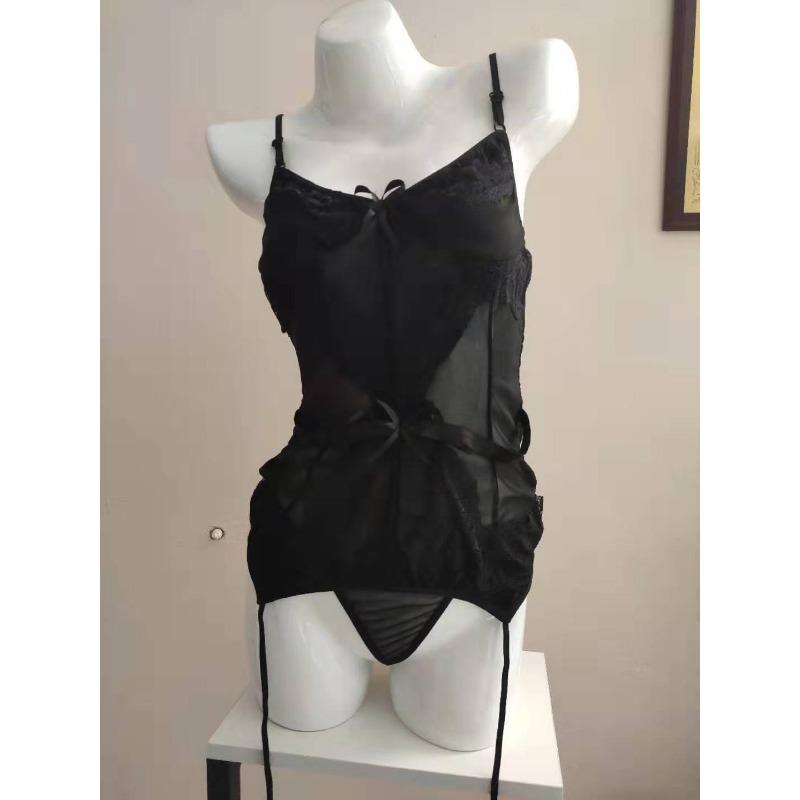 Heiß verkaufte, sexy durchsichtige schwarz-weiße Korsettweste aus glänzender Seide mit Strumpfhaltern Damen Sexanzug