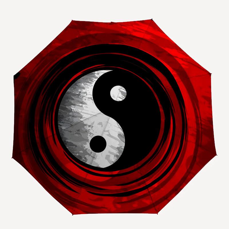 Yin Yang, Red Background Themed Automatic Opening and Closing Umbrella, Brightly Colored 8-rib Portable Umbrella, Suitable for Men and Women