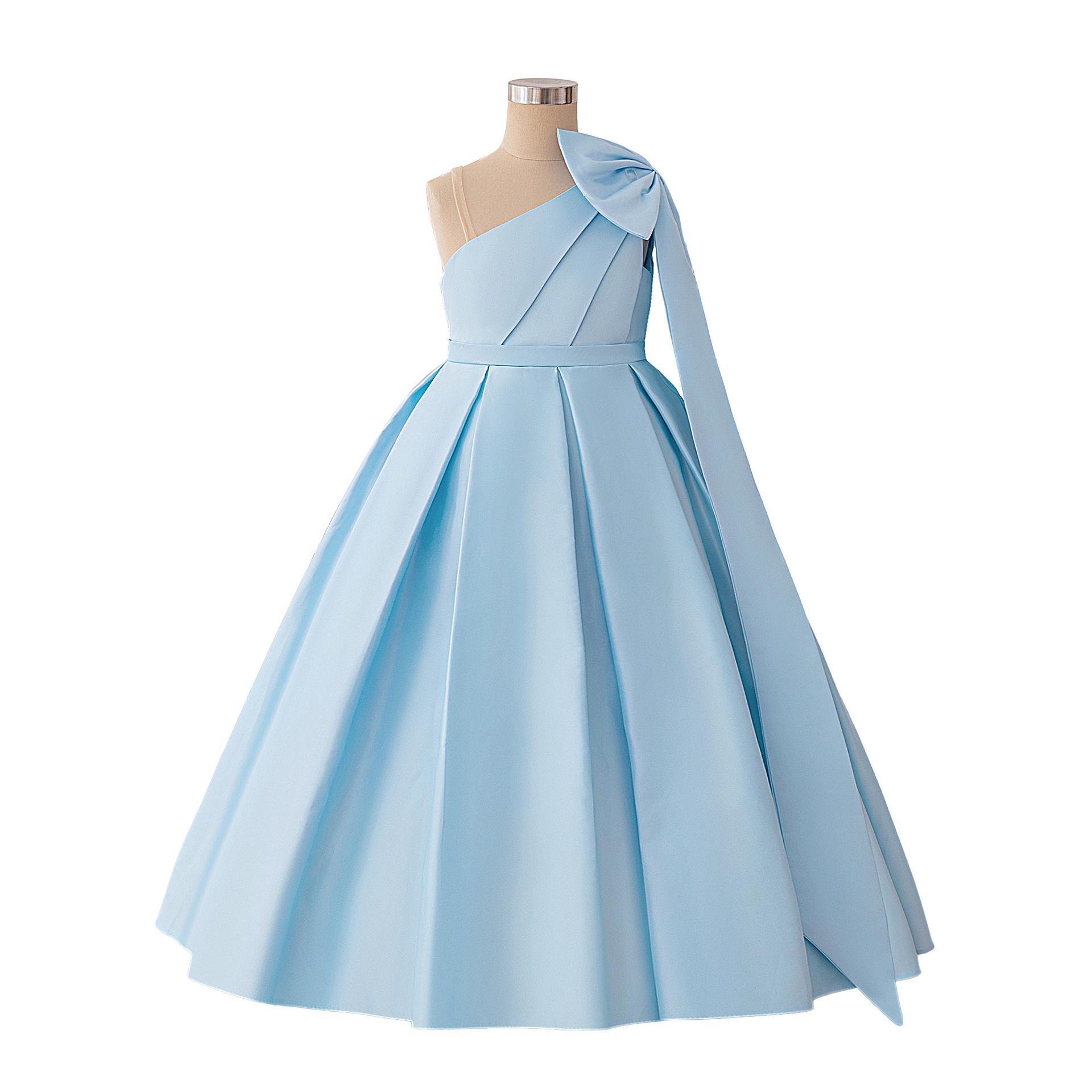 

European & American One-Shoulder Kids Formal Dress with Large Bow, Satin Long Skirt for Hosting & Performances 170cm/12Y