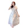 Elegant 2026 Summer Floral Chiffon Dress with Puff Sleeves and Slim Waist