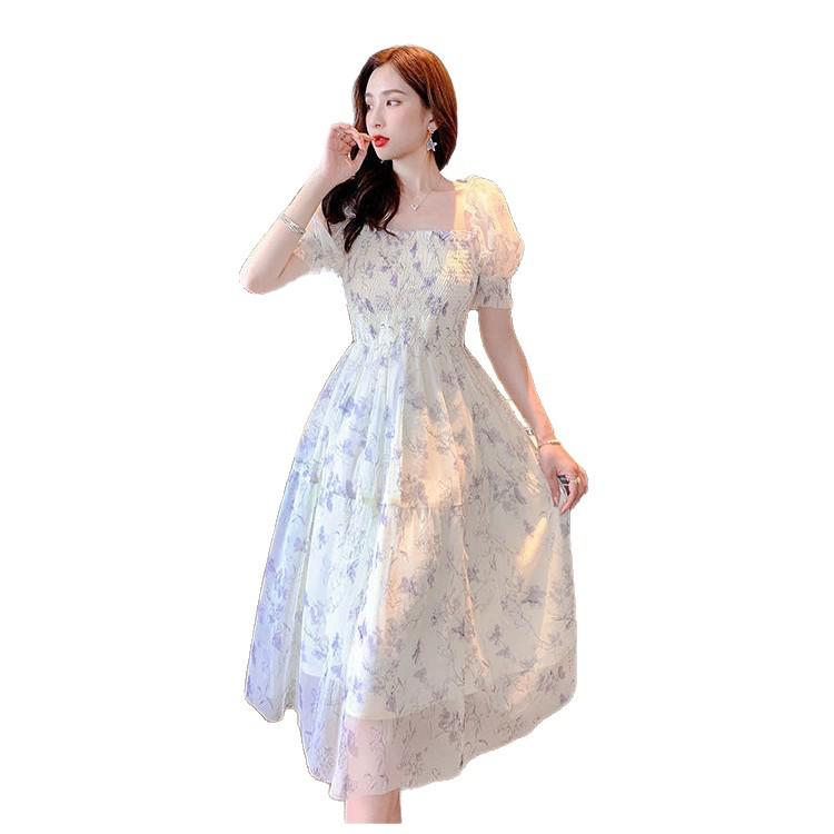 Elegant 2026 Summer Floral Chiffon Dress with Puff Sleeves and Slim Waist