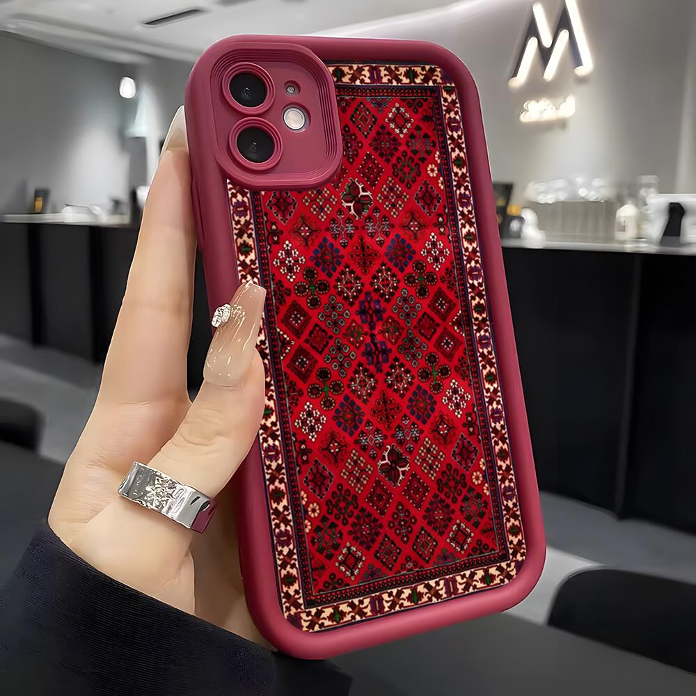 Arabic Carpet Pattern Phone Case For IPhone Air 17 Pro Max 16 E 15 14 Pro Max 13 12 11 Mini Plus Soft Silicone Wine Red Cover