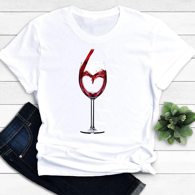 Womens Vintage Tee Color Wine Glass Print a Generation Hair Base Shirt Trend Aesthetic Graphic T Shirts Casual Tops