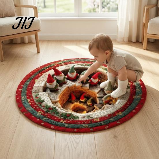 Skin Friendly Velvet Rug Christmas Round Rug, 3D Illusion Mat, Holiday Winter Carpet, Soft Gnome Deer Cozy Indoor Floor Covering Santa House