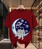 2026 New Arrival Pure Cotton Tshirt Two Astronauts Sitting On Crescent Moon Space Planet Print Crew Neck Unisex Casual Short Sleev