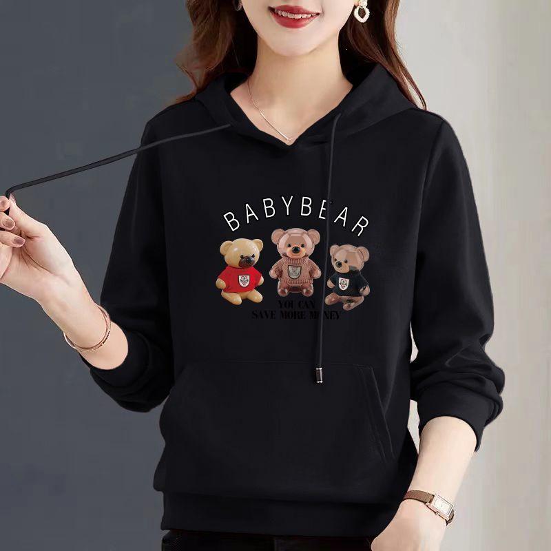 Women's Pure Cotton Bear Print Hooded Pullover Sweatshirt, Long Sleeve, Niche Design, New Spring & Autumn Style