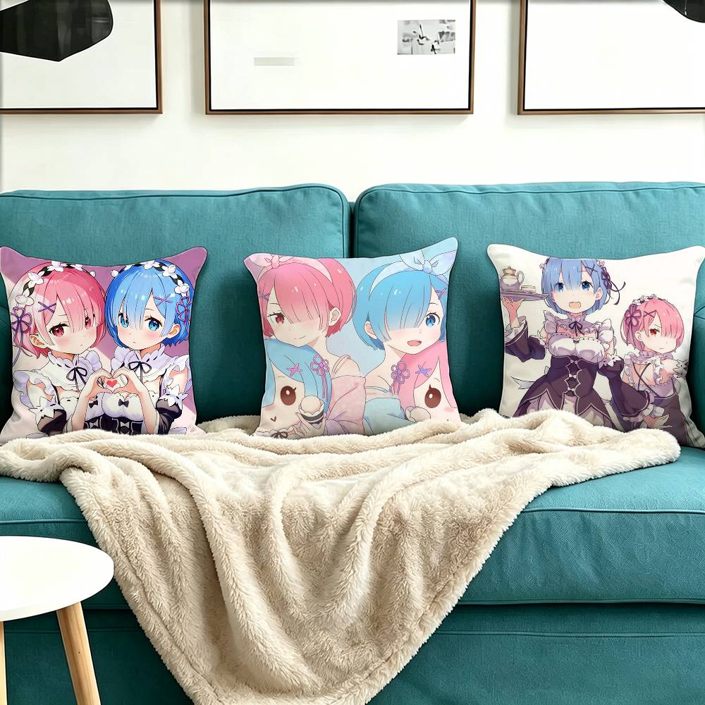 Starting Life in Another World Ram Rem Pillow Case Square Double-Sided Sofa Cushion Cover Bedroom Bedside Pillow
