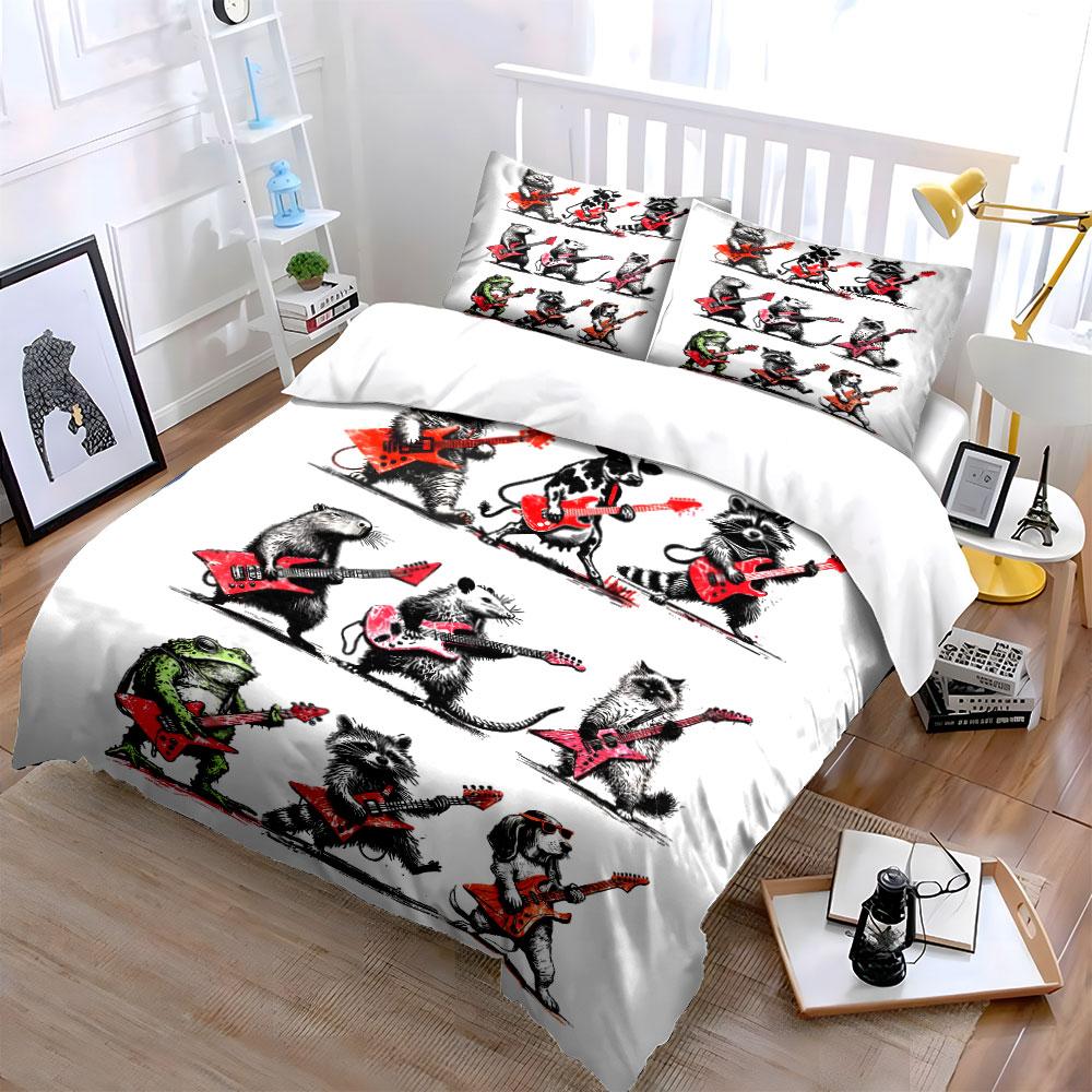 Creativity Animal Band Playing Red Guitars Duvet Cover Set With 3D Printing Design Soft Polyester Bedding Set All-Season Comfort
