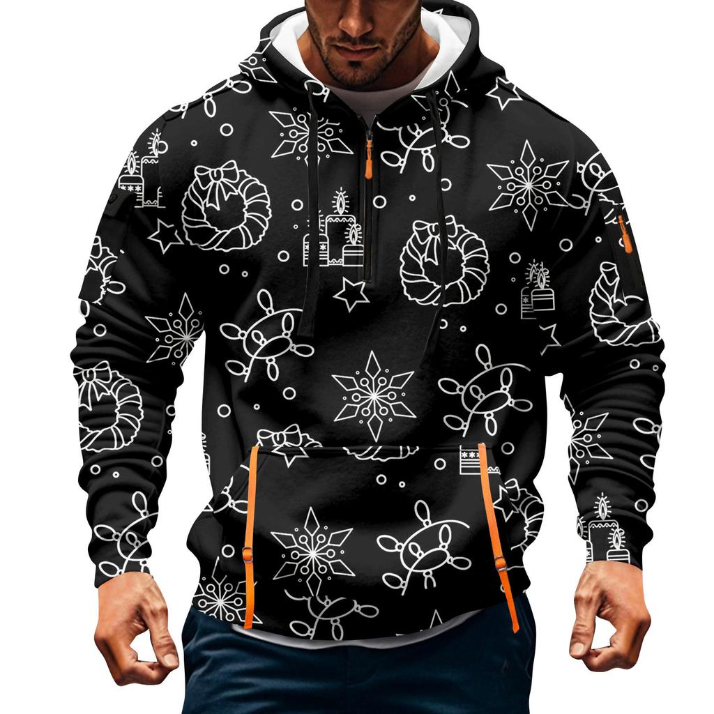 Sudadera deportiva casual de media cremallera con capucha y estampado navideño para hombre